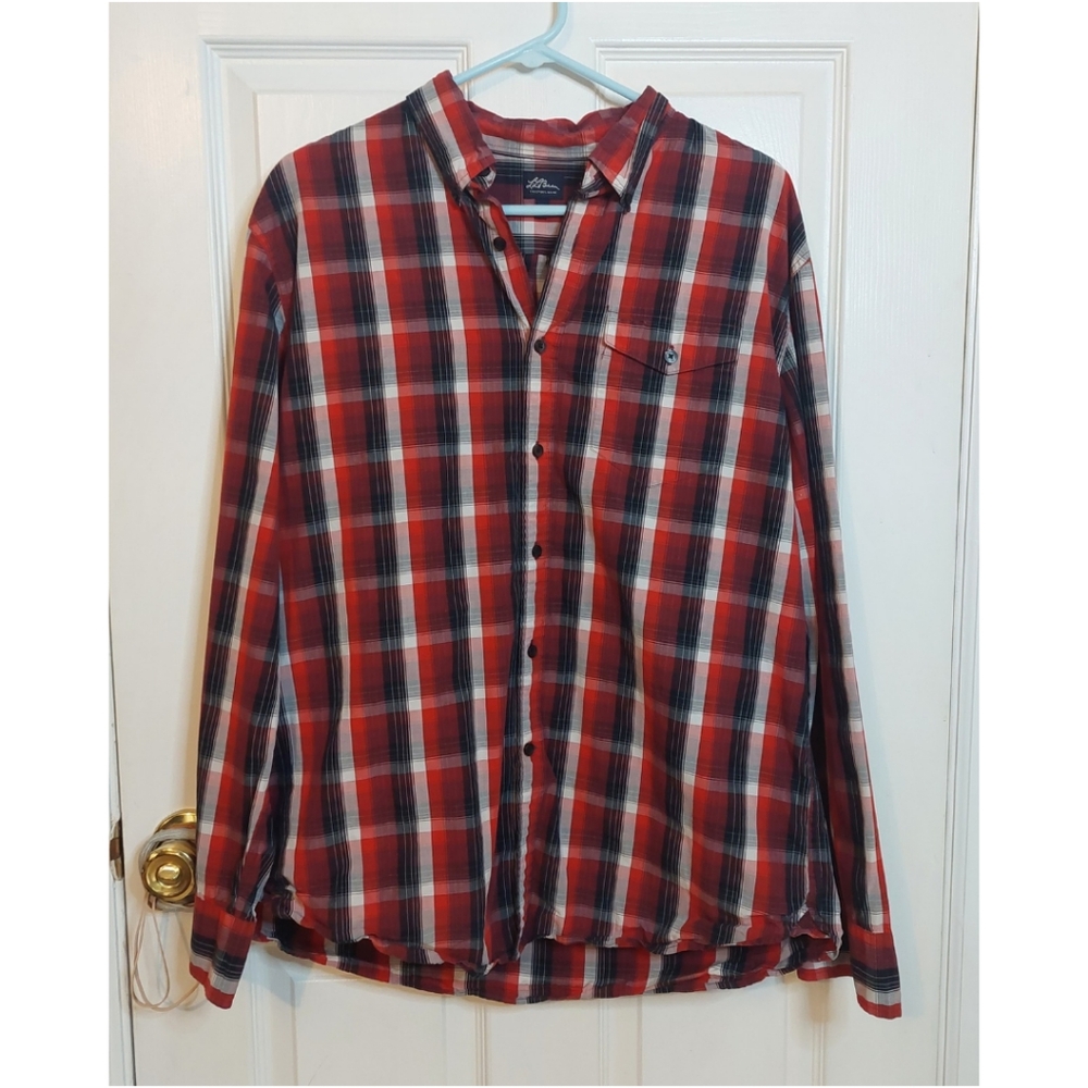 L.L. Bean Red Black Plaid Long Sleeved Button Down Shirt Outdoor Western Size L